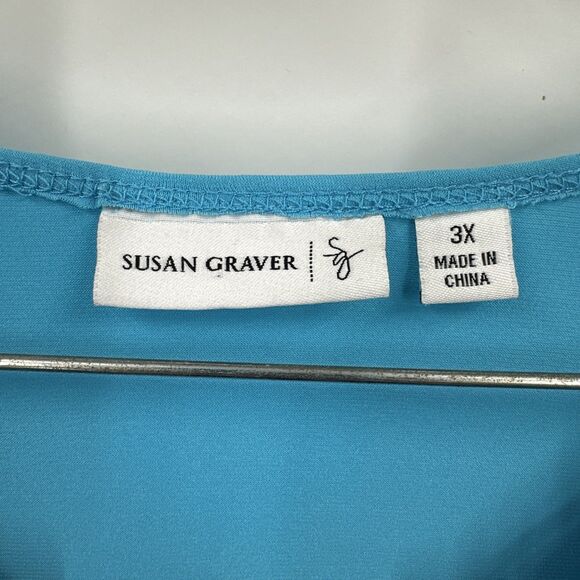 Susan Graver 3X Liquid Knit Top Blue Floral Short Sleeve V-Neck - Picture 6 of 9